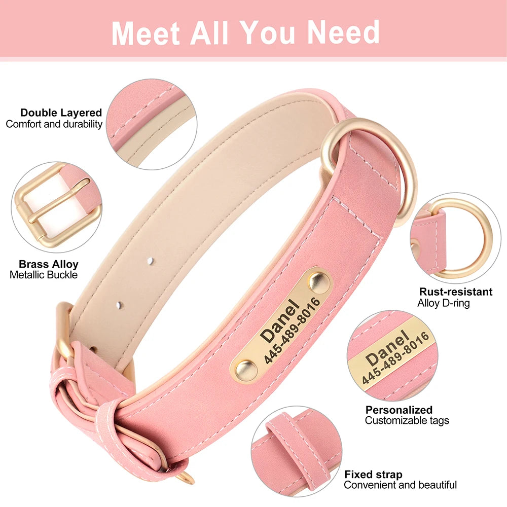 Customized Dog Collar PU Leather Dogs Collars Personalized Pet ID Name Necklace Free Engraving for Small Medium Large Dogs Pug