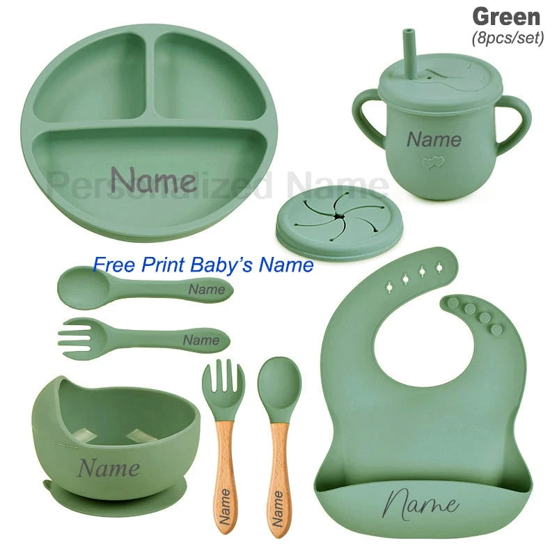 Personalized Logo Name Baby Silicone Dishes Feeding Set Suction Cup Bowl Tableware Kids Bowl Spoon Fork Bib Feeding Set BPA Free