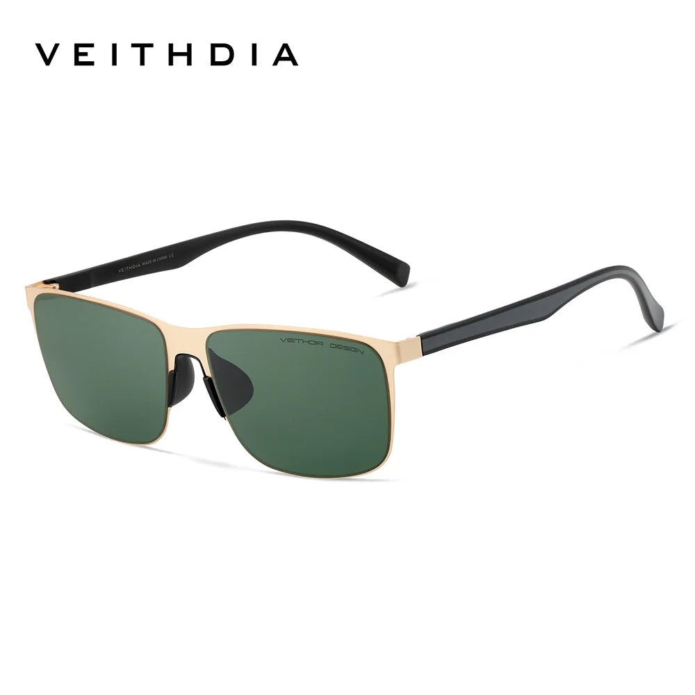 Gold frame sunglasses with green lenses and black arms on white background