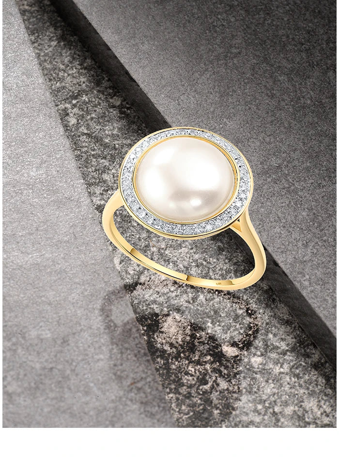 VISTOSO Authentic 14K 585 Yellow Gold Rings For Women Sparkling Diamond Fresh Water Pearl Round Wedding Set Trendy Fine Jewelry