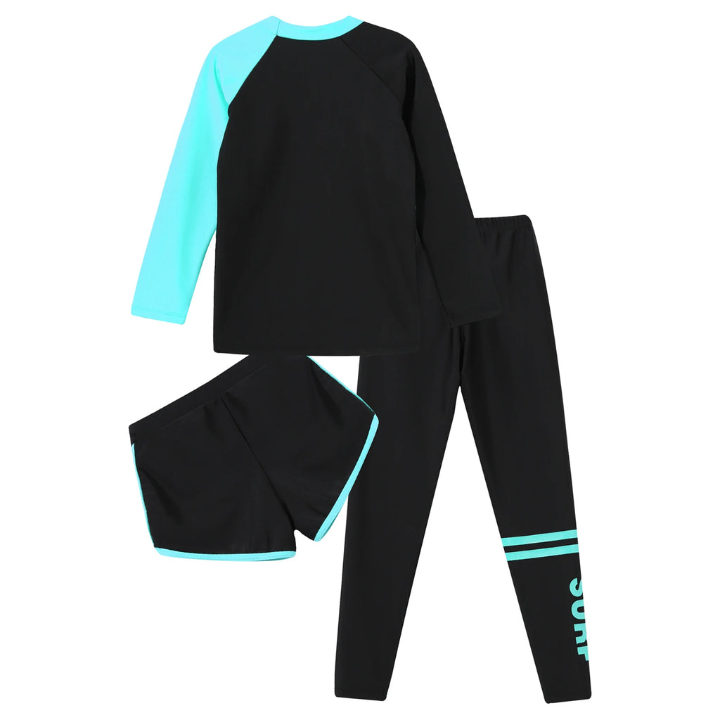 Kids Rash Guard Swimwear 3 Piece Swimming Sets Quickly Dry Swimsuit Sun Protection Long Sleeve Top+Shorts+Pants Swim Outfits