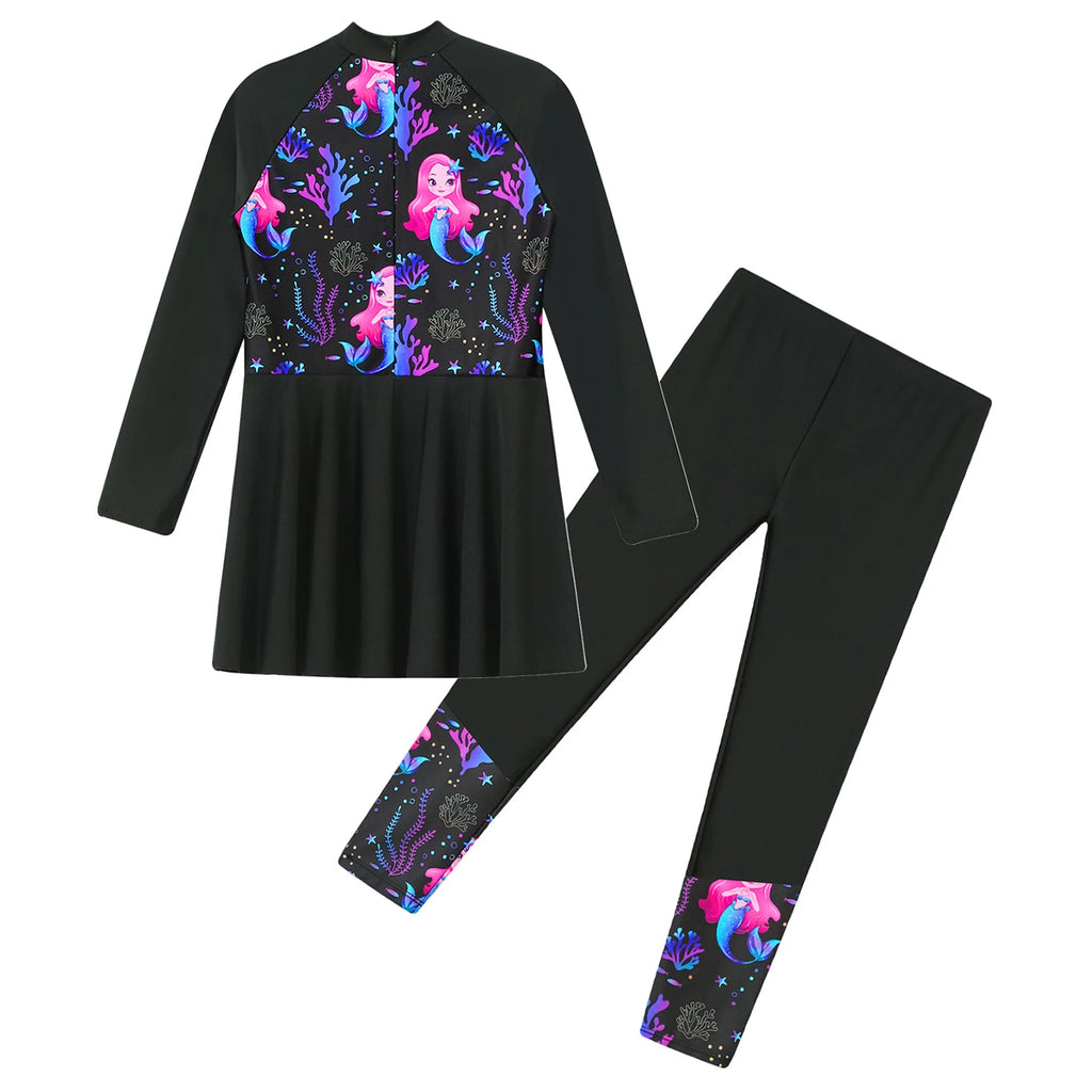 Girls Swimsuits 2 Piece Rash Guard Set UPF 50 Sun Protection Long Sleeve Swim Dress with Leggings Kids Full Body Cover Beachwear