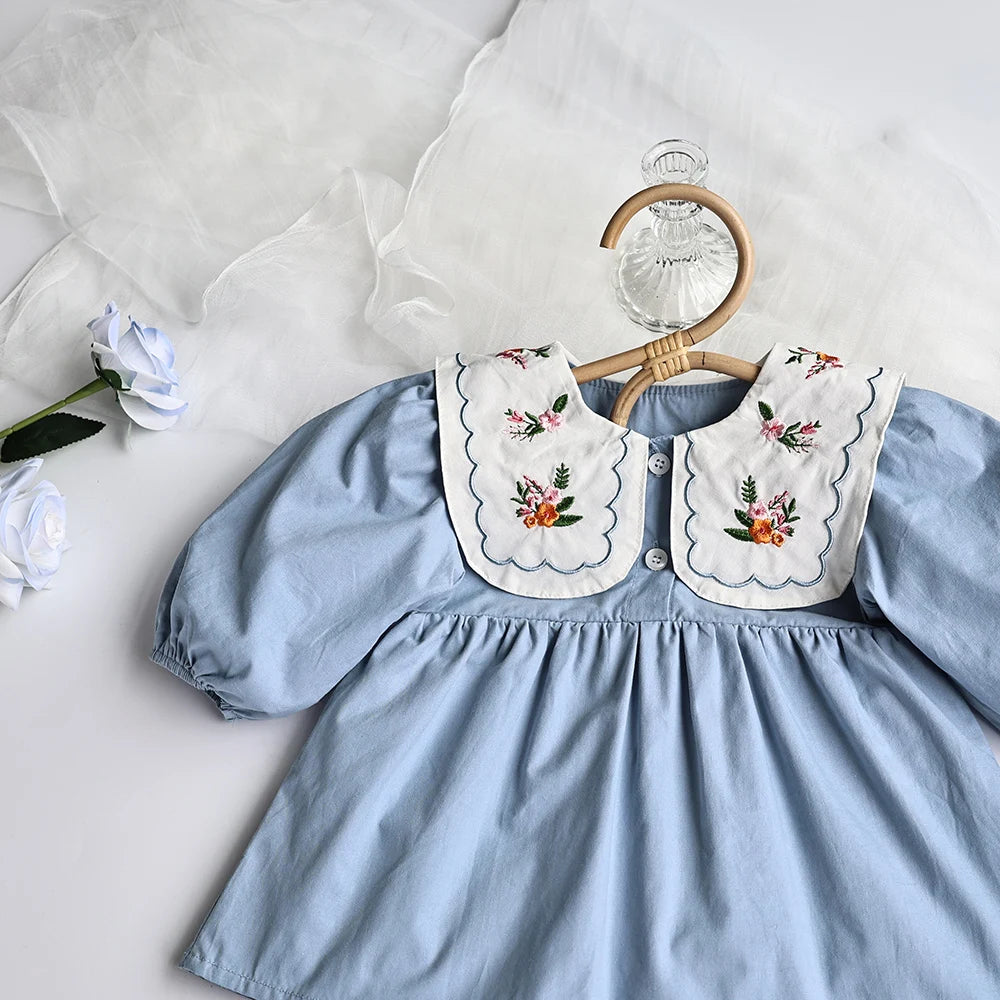 Spring Baby Clothing Solid Pleated Baby Bodysuit Toddler Girls Embroidered Flower Big Collar One Piece
