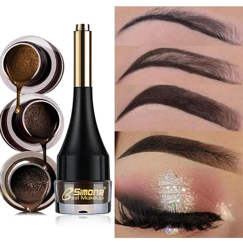 Eyebrow pomade and brush with close-ups of defined, perfectly shaped eyebrows