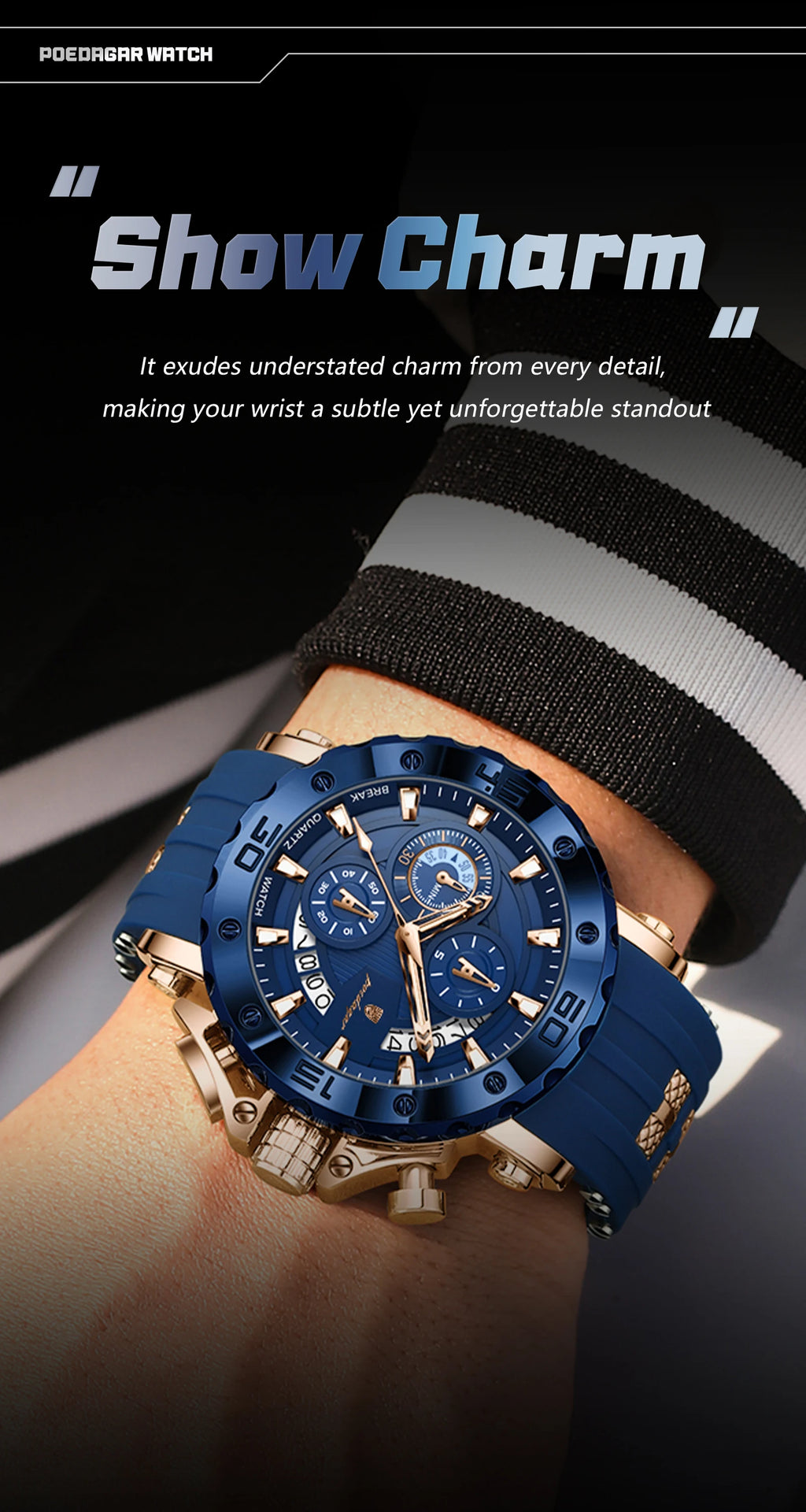 POEDAGAR Original Luxury Man Watch Chronograph Waterproof Luminous Sports Men Clock Calendar Silicone Strap Quartz Men's Watches