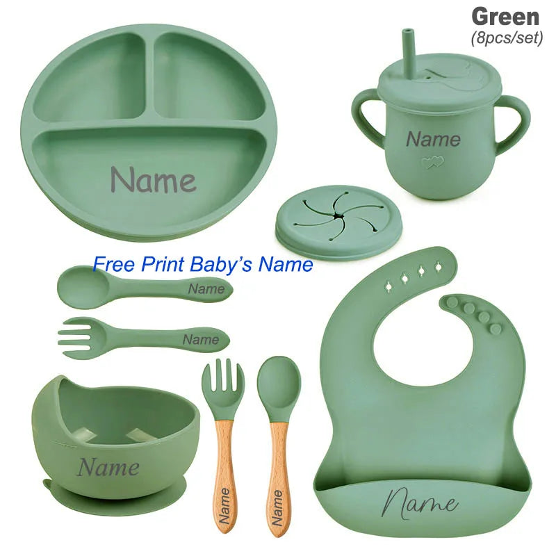 Personalized Logo Name Baby Silicone Dishes Feeding Set Suction Cup Bowl Tableware Kids Bowl Spoon Fork Bib Feeding Set BPA Free