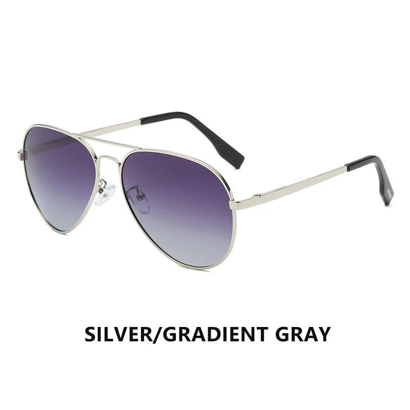 Aviator sunglasses with silver frame and gradient gray lenses, stylish eyewear accessory.