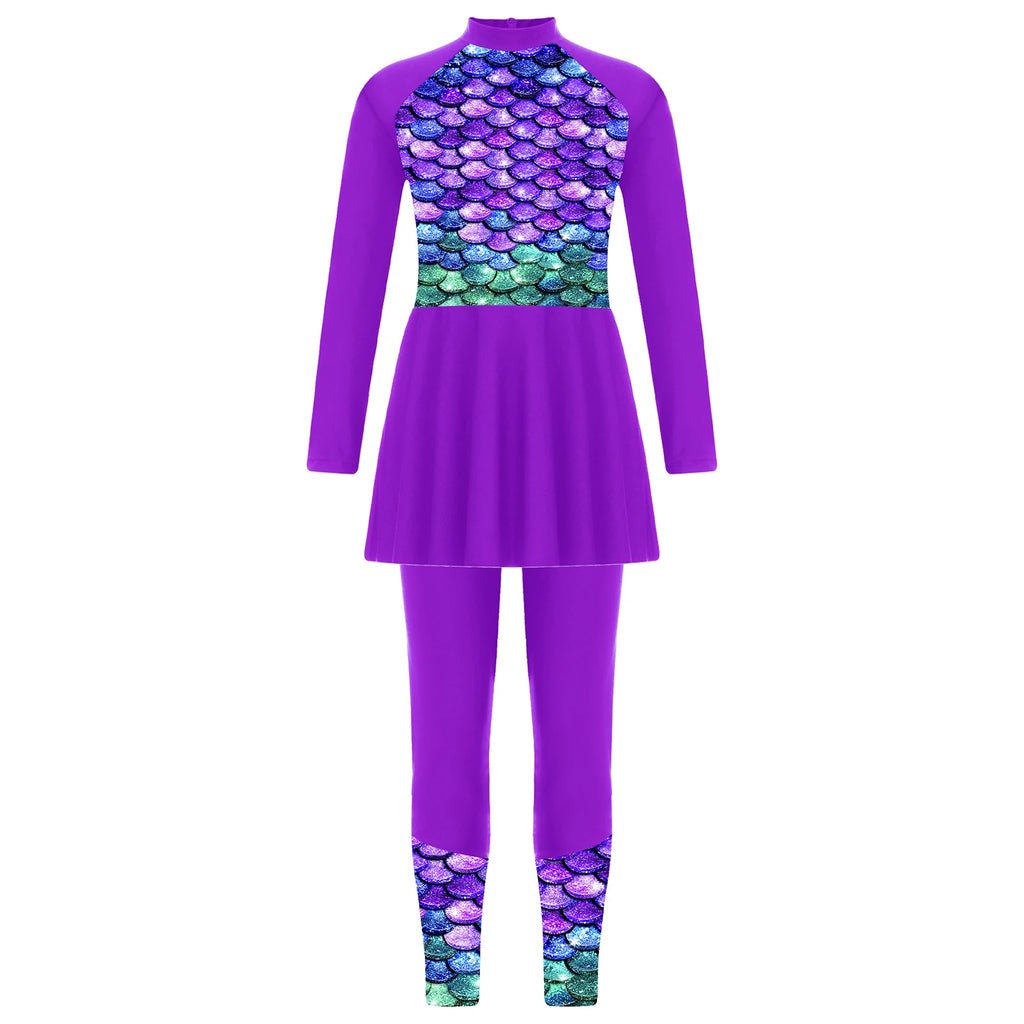 Girls Swimsuits 2 Piece Rash Guard Set UPF 50 Sun Protection Long Sleeve Swim Dress with Leggings Kids Full Body Cover Beachwear