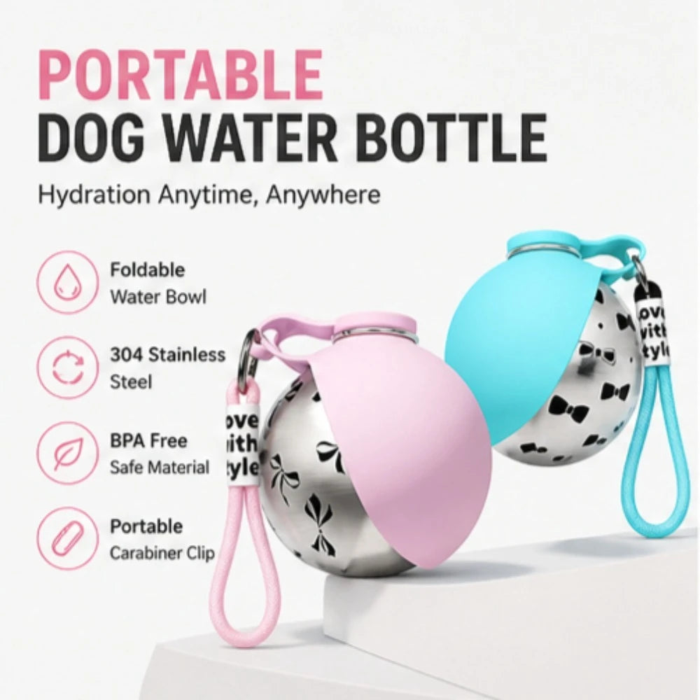 Foldable Stainless Steel Pet Water Bottle Spherical Design Portable Bowl for Small Pets Outdoor Daily Feeding and Drinking