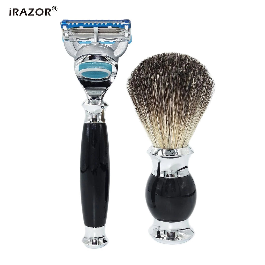 iRAZOR 5-Blade Fusion Safety Razor Shaving Kit with Badger Hair Shaving Brush & Bowl Stand Holder - Grooming Gift for Men