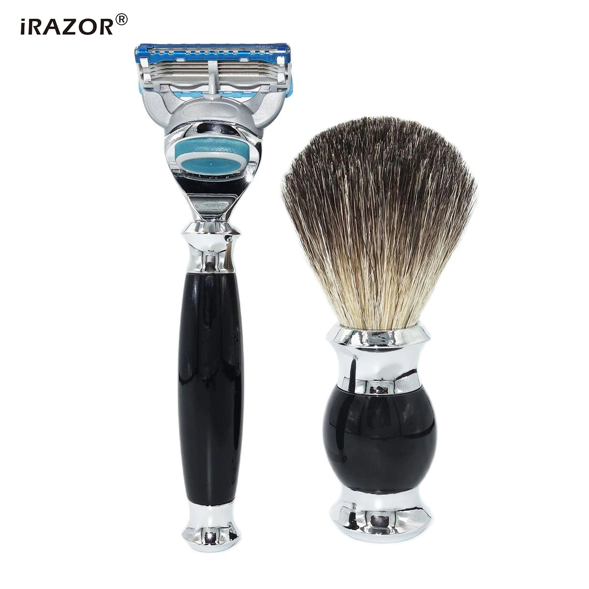 iRAZOR 5-Blade Fusion Safety Razor Shaving Kit with Badger Hair Shaving Brush & Bowl Stand Holder - Grooming Gift for Men