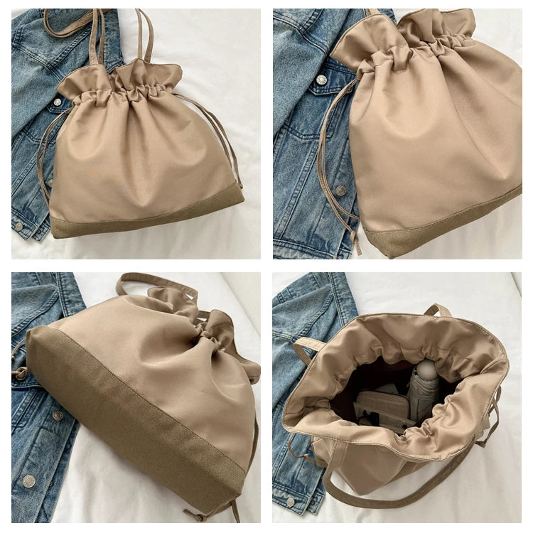 Casual Large Nylon Bucket Bag Women's Simple Style Korean Version Winter 2025 New Fashion Shoulder Handbag Soft Polyester