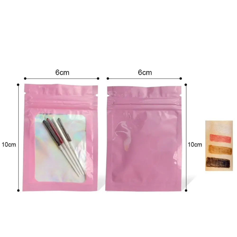 Pink resealable cosmetic pouch 6x10cm with makeup swatches and pens, ideal for beauty storage.