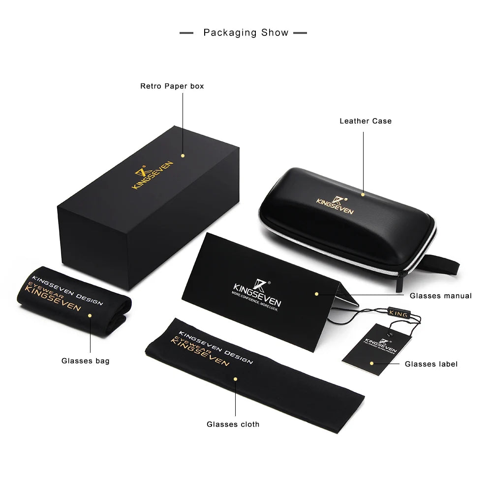 Sunglasses packaging set with black retro box, leather case, cleaning cloth, pouch, manual, and label.