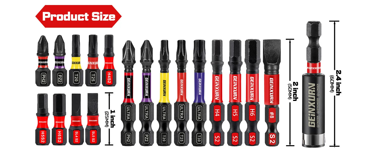 Geinxurn Impact Phillipes/Square/Slotted/Hex Screwdriver Bits Set,1''/2'' Magnetic S2 Steel Bits Set with Color Coded Base