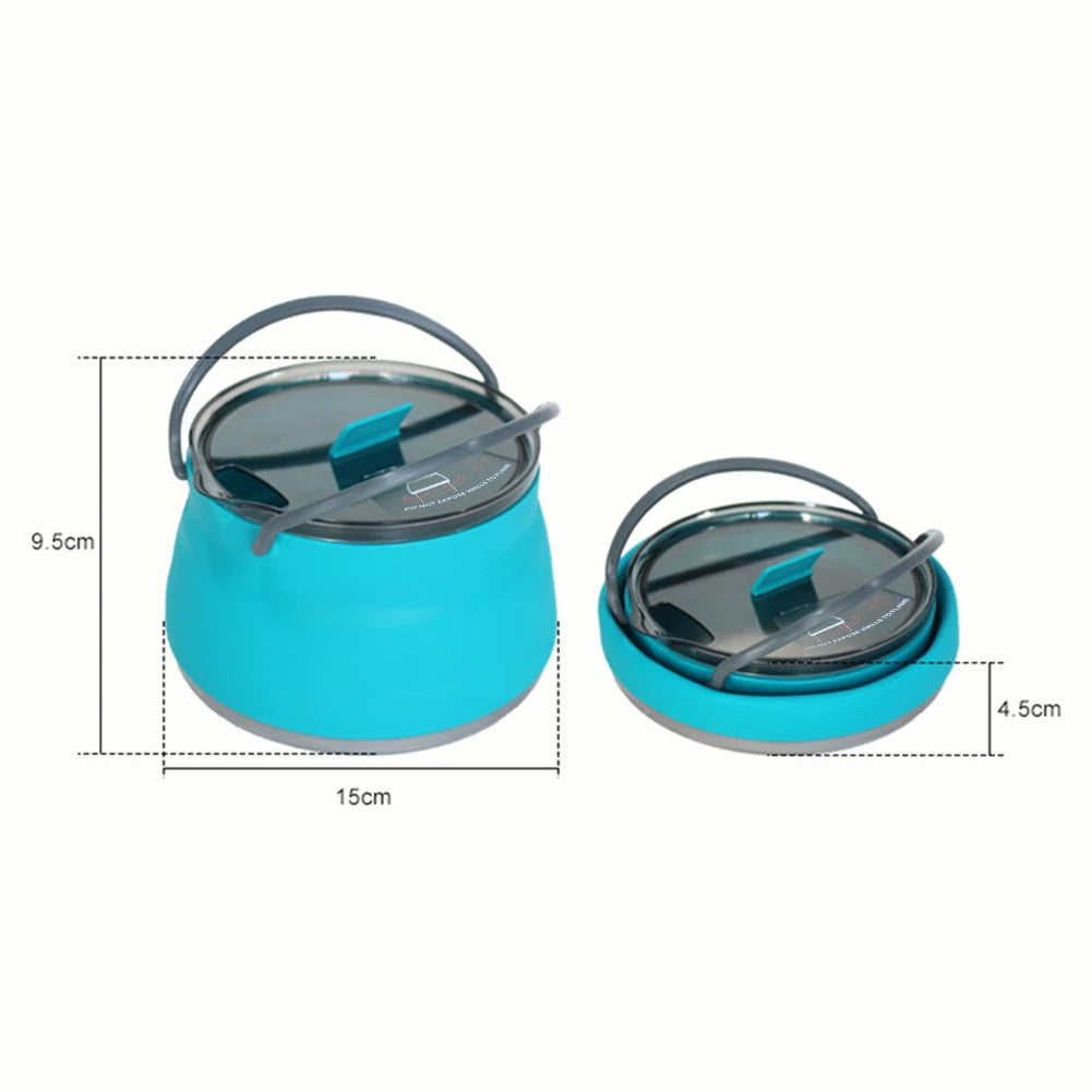 1.5L Silicone Kettle with Handle 1L Camping Cook Pot Stainless Steel Bottom Collapsible Water Cup/Bowl for Camping Backpacking