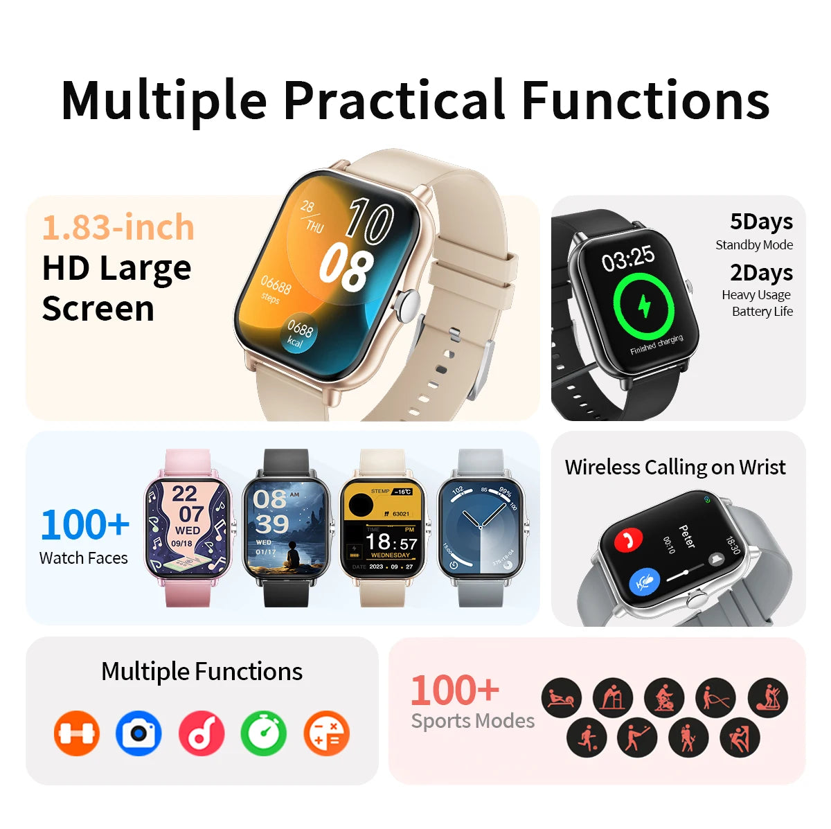 NEW Smart Watch Full Screen Multi-color Watch Strap Wireless Call For Android/IOS Message Reminder Outdoor Sport Watch Men Women