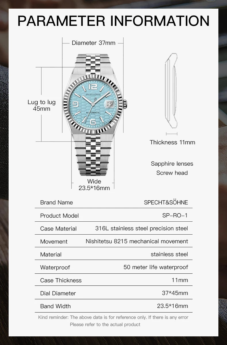New Specht & Söhne Men's Watches Japan 8215 Automatic Mechanical Watch Rose Gold Stainless Steel Sapphire Crystal Waterproof
