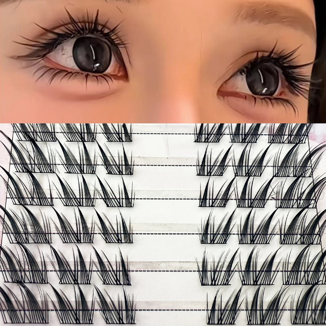 Close-up of eyes with dramatic false eyelashes and tray of wispy individual lash extensions