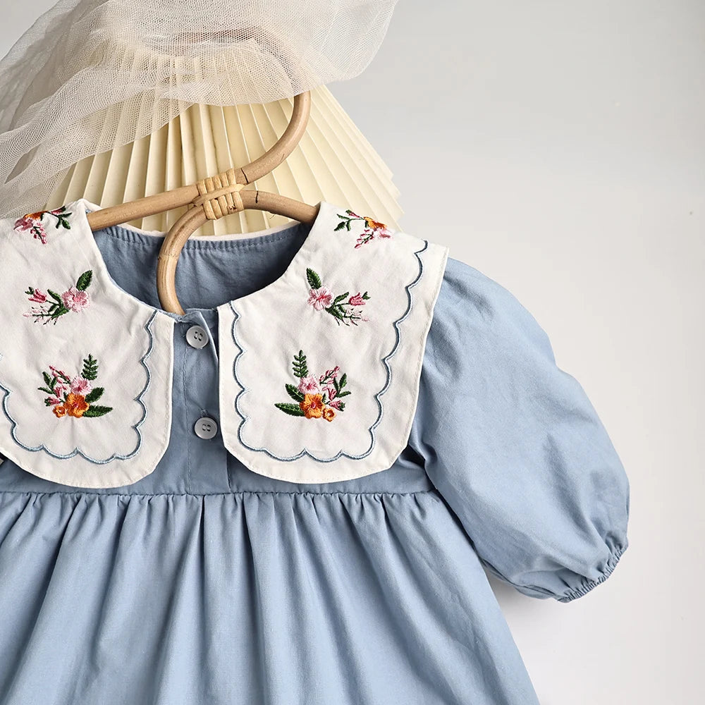 Spring Baby Clothing Solid Pleated Baby Bodysuit Toddler Girls Embroidered Flower Big Collar One Piece