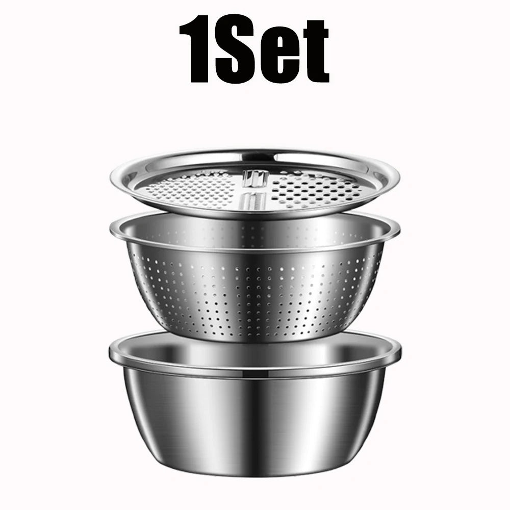 3PCS/1Set Vegetable Slicer, Stainless Steel Slicer, Potato Slicer, Vegetable Washing Basin, Drain Basket, Multifunctional