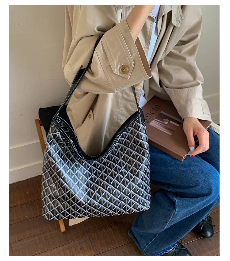 Large Capacity Women's Shoulder Bag Fashionable Commuter Tote Bag Soft PU Leather Printed Geometric Pattern Autumn New Arrival