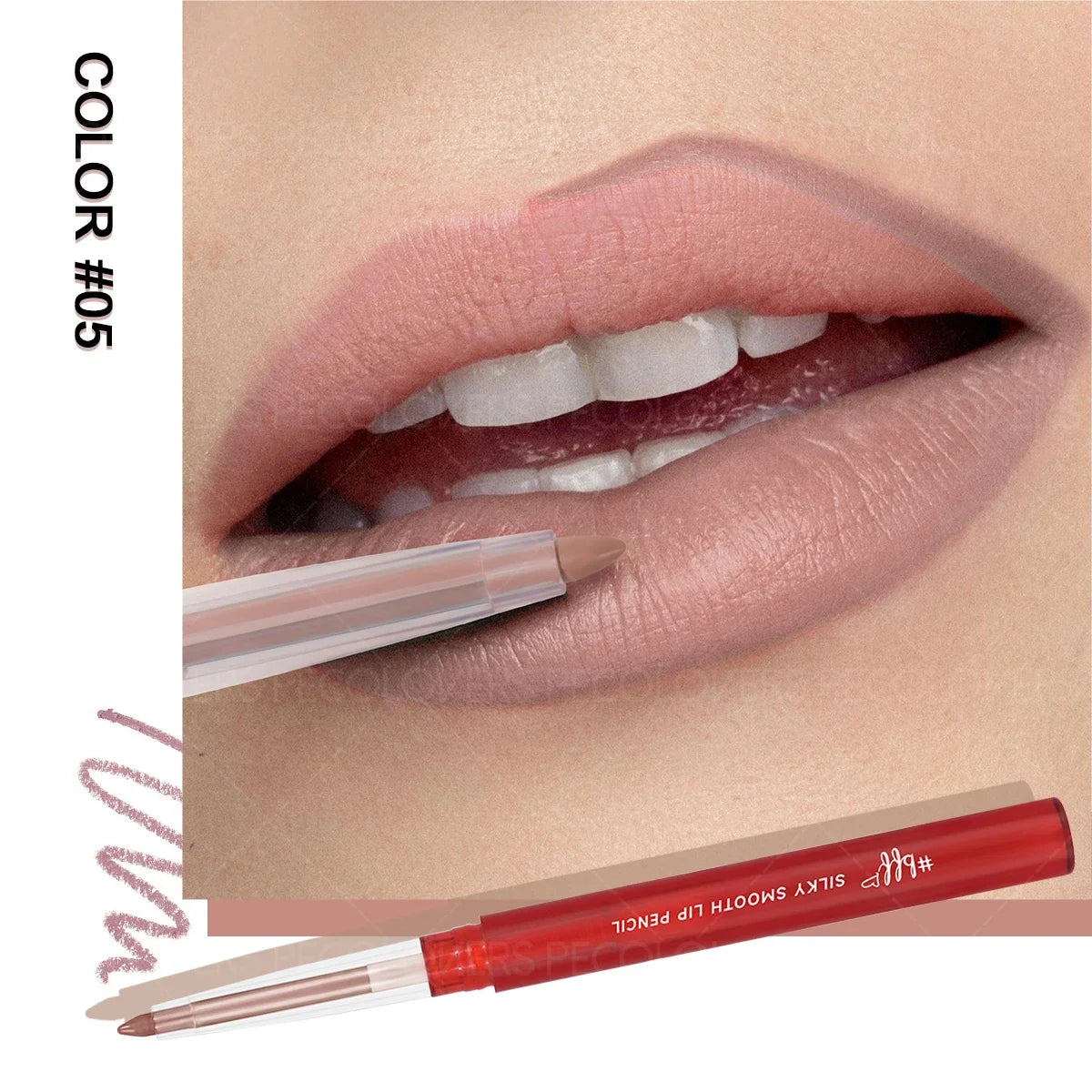 Nude pink lip pencil applied to lips, color #05, close-up makeup detail.