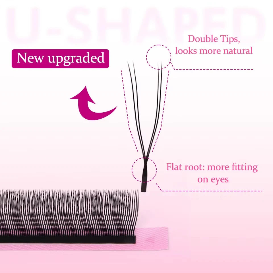 Upgraded eyelash extensions with double tips and flat root for a natural, eye-fitting look.