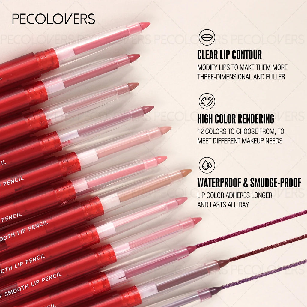 Set of red lip liner pencils in various shades with waterproof and smudge-proof features.
