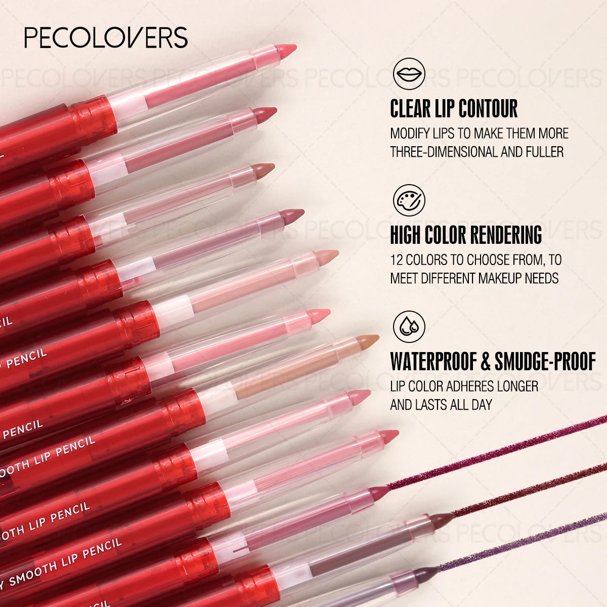 Set of red lip liner pencils in various shades with waterproof and smudge-proof features.