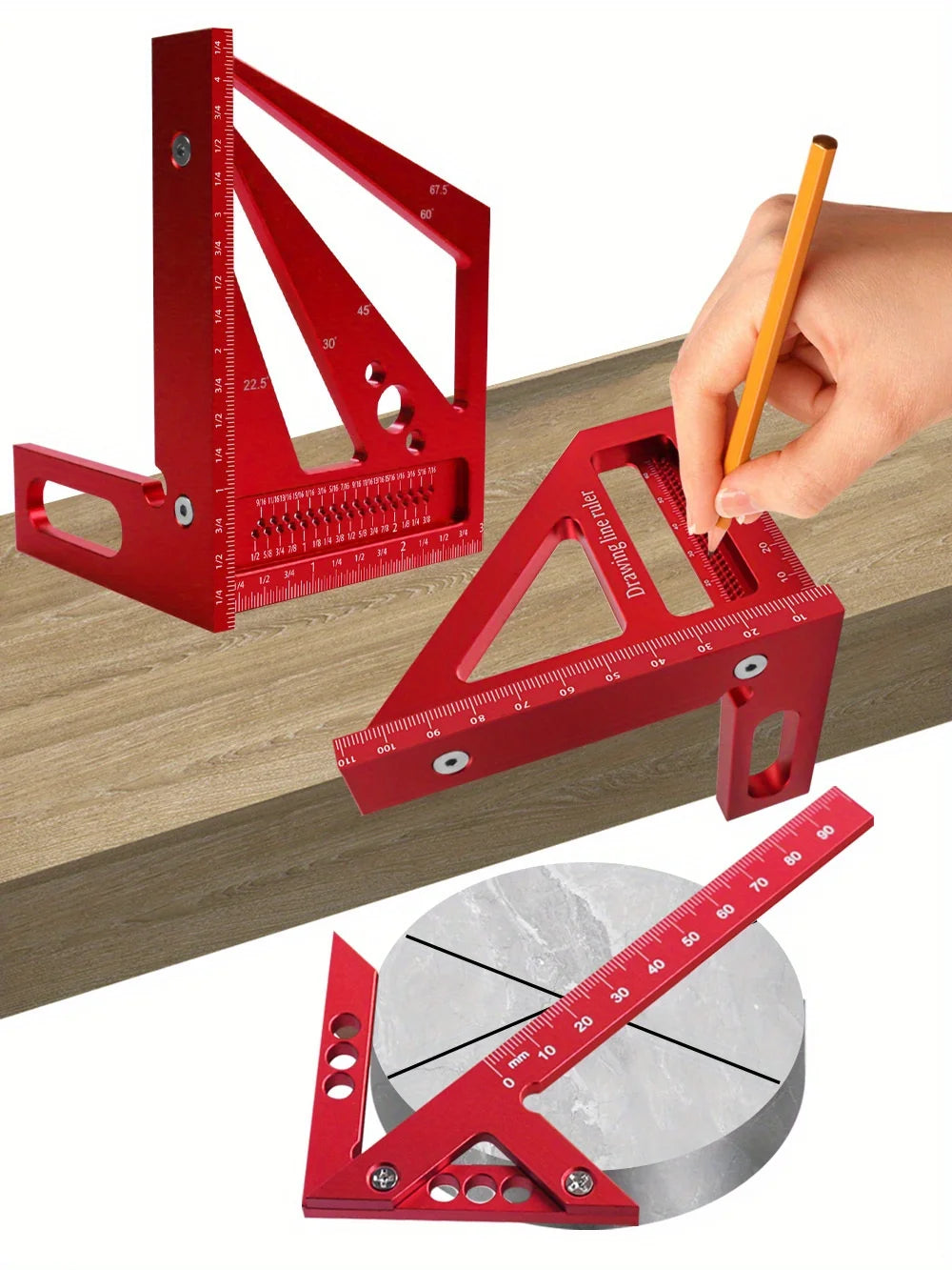 Carpenter Square Protractor,Center Scribe Gauge Kit Center Finder Miter Triangle Ruler T-Type Scriber Layout Measuring Ruler