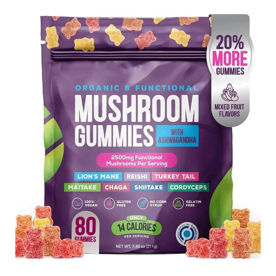 mushroom gummies with ashwagandha, lion's mane, reishi, turkey tail - boost immunity and maintain cardiovascular health