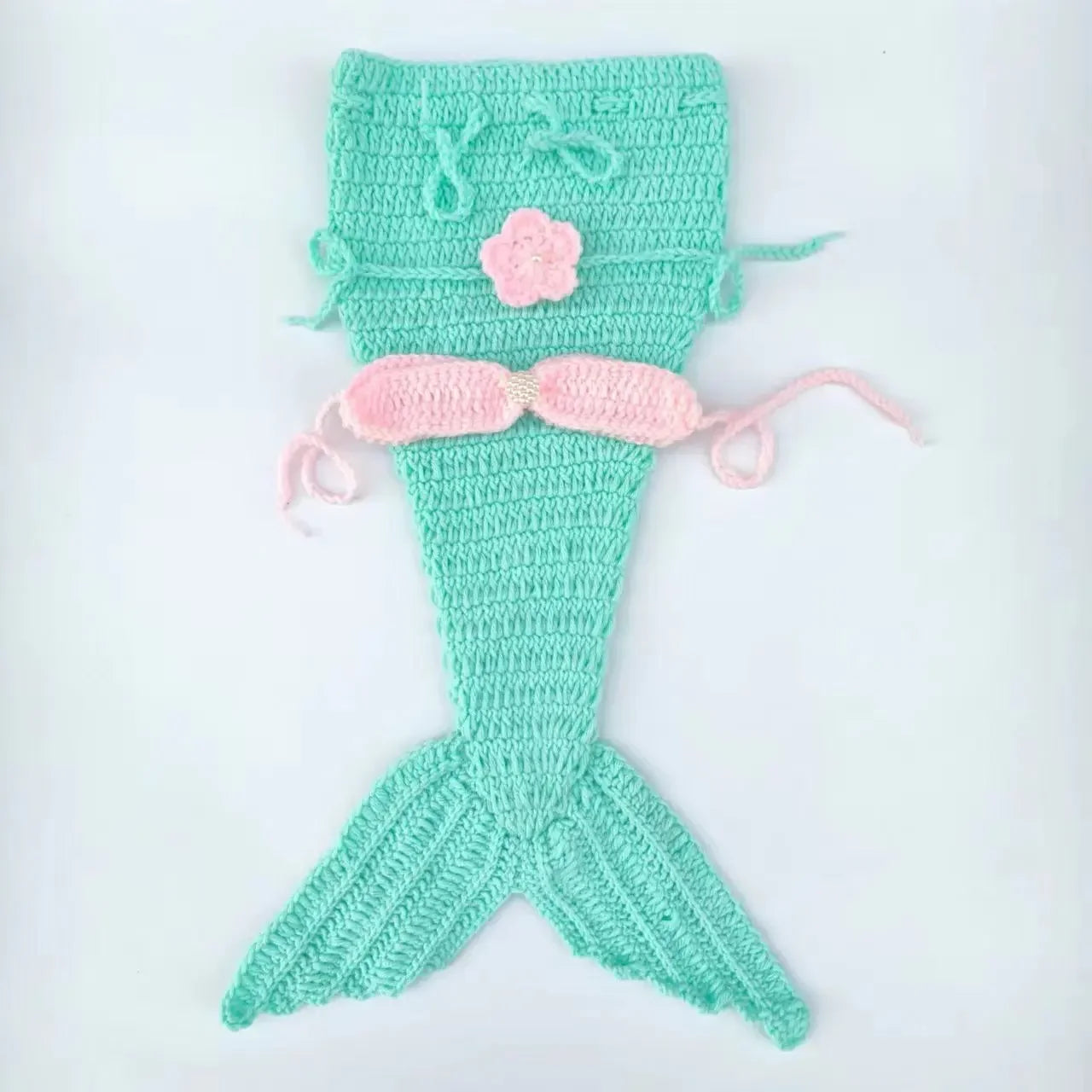 Light Blue Knitted Mermaid 3pc Set Headwear Fish Tail Top Newborn Garment Infant Studio Portrait Shooting Basic Photography Wear