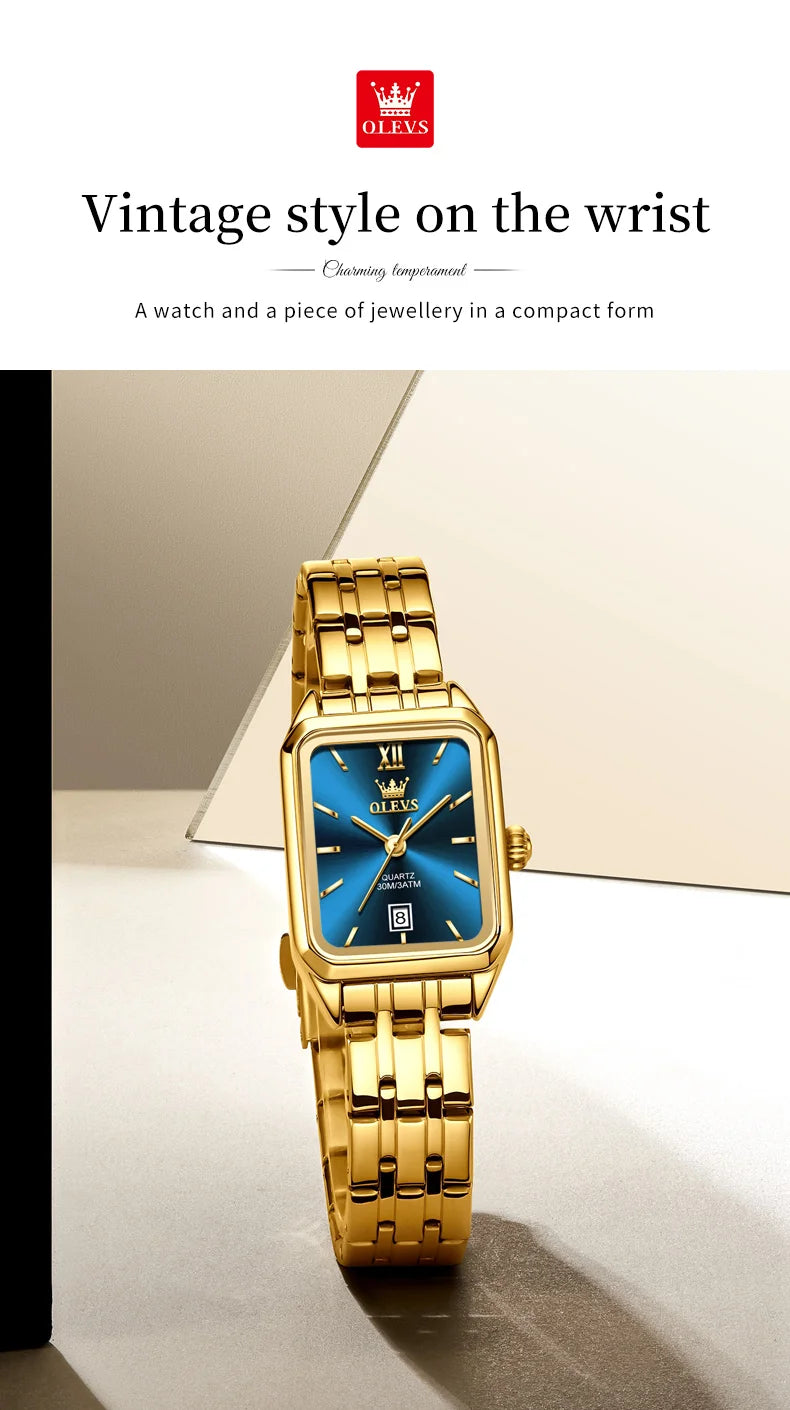 OLEVS 5616 New Quartz Watch for Women Fashion Elegant Square Golden Watch Calendar Waterproof Stainless Steel Ladies Wristwatch