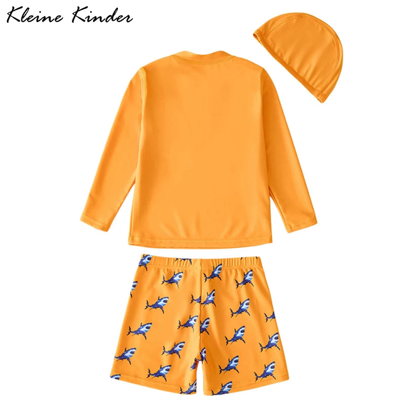 Children's Swimsuit Orange Long Sleeve Rash Guard Kids UPF50 UV Protection Boy's Beach Clothes Shark Swimming Bathing Suit Kids
