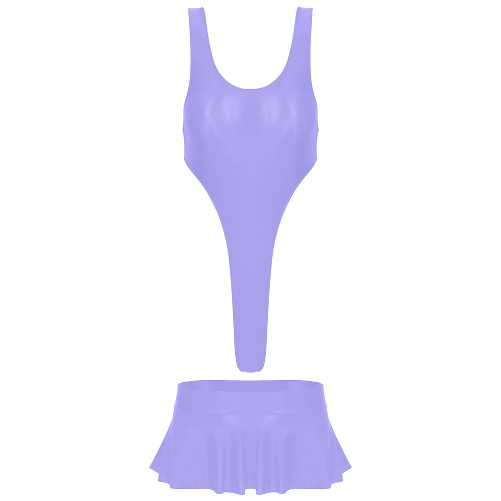 Maillot Bain Brillant Bodysuit Mini Jupe Femme