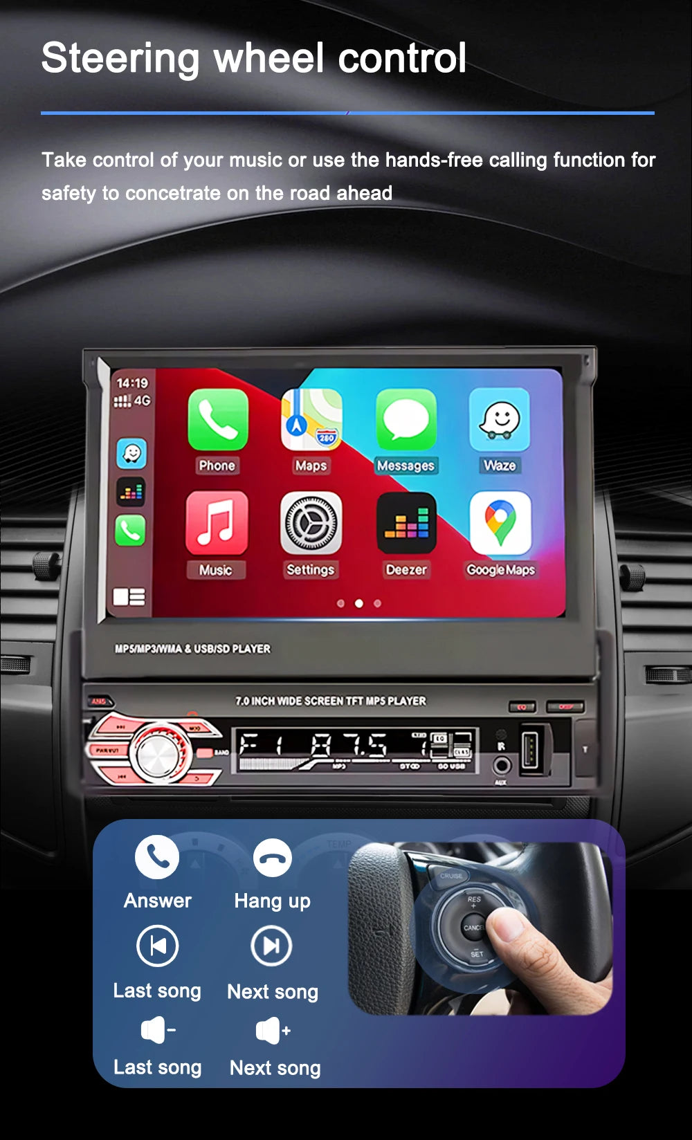 1 Din MP5 Player 7 Inch Carplay Android Auto Universal  Manual Automatic Retractable Touch Screen Car Player FM Radio