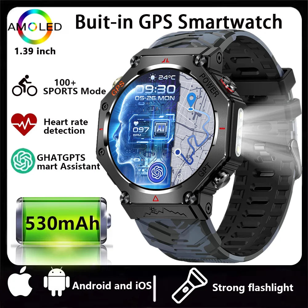 New ChatGPT AI assistant smartwatch with 5ATM water resistance, GPS, built-in dual-frequency GNSS and compass. For men and women