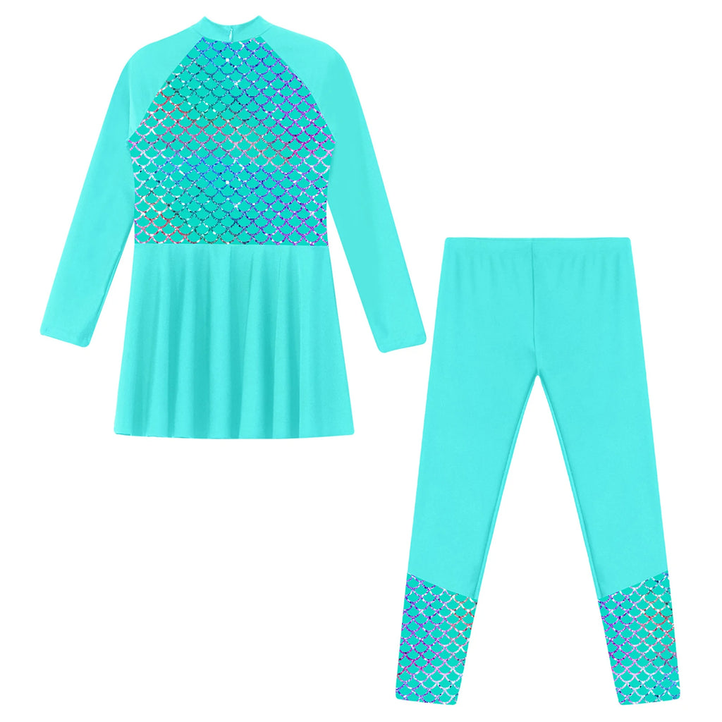 Girls Swimsuits 2 Piece Rash Guard Set UPF 50 Sun Protection Long Sleeve Swim Dress with Leggings Kids Full Body Cover Beachwear