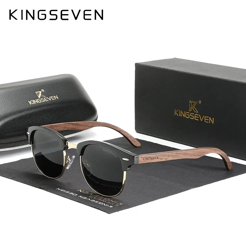 Classic black sunglasses with wood grain arms, black case and box, modern fashion accessory