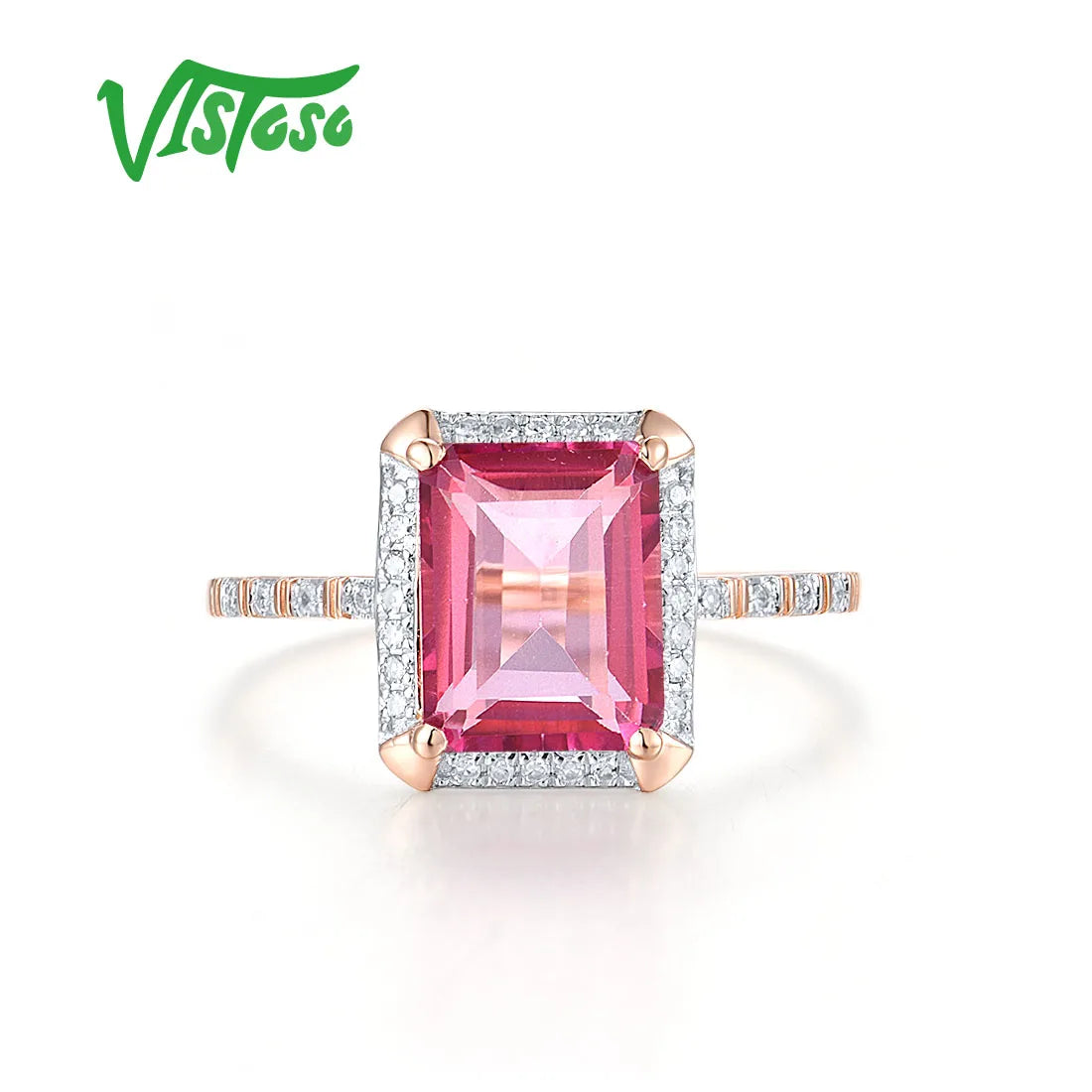 VISTOSO Genuine 14K 585 Rose Gold Solitaire Rings For Women Sparkling Diamond Pink Topaz Rectangle Gorgeous Fine Fashion Jewelry