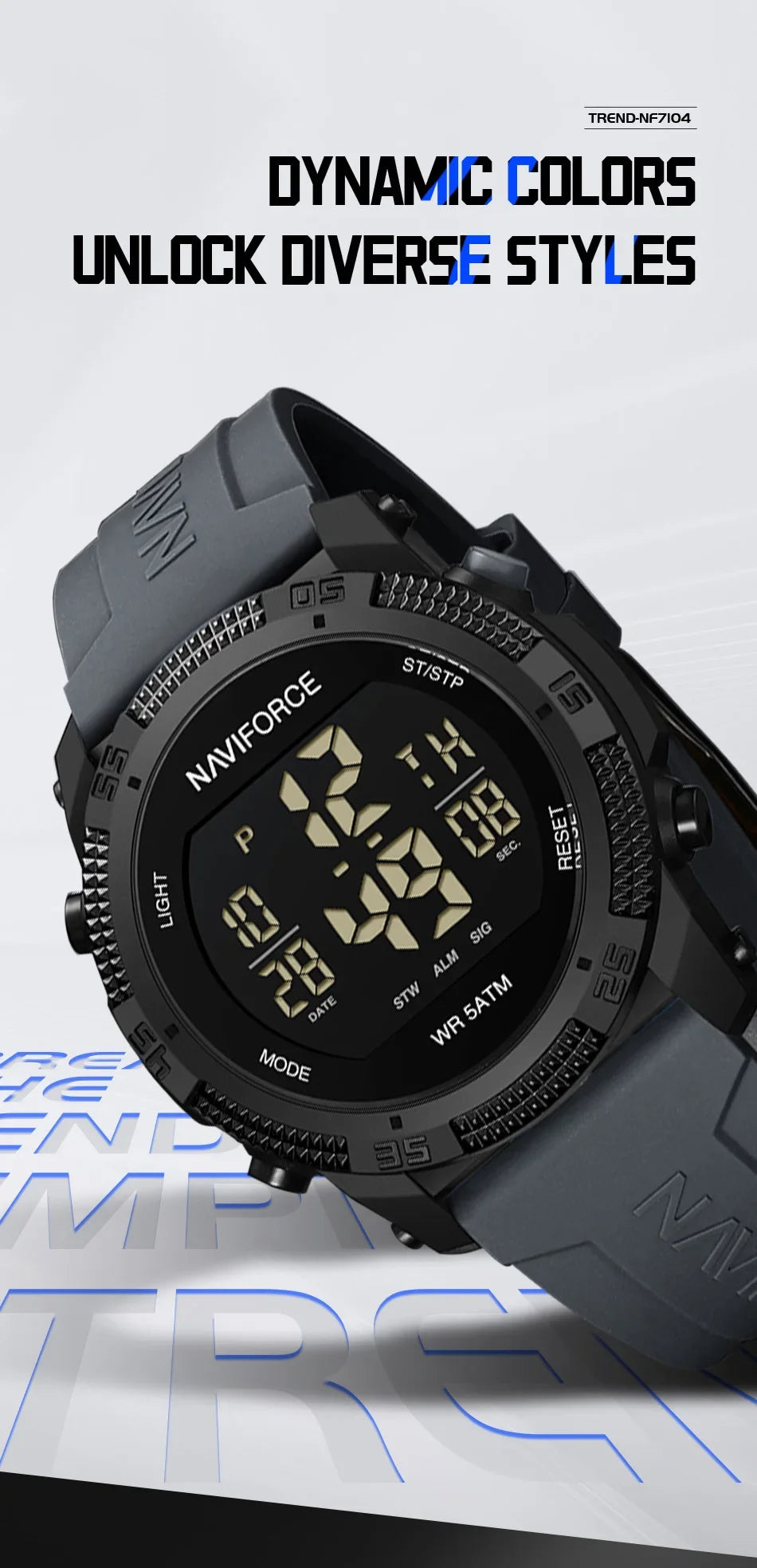 NAVIFORCE NF7104 Men's LCD Digital Leisure Date and Week Alarm Clock Waterproof Silicone Strap Electronic Premium Watch