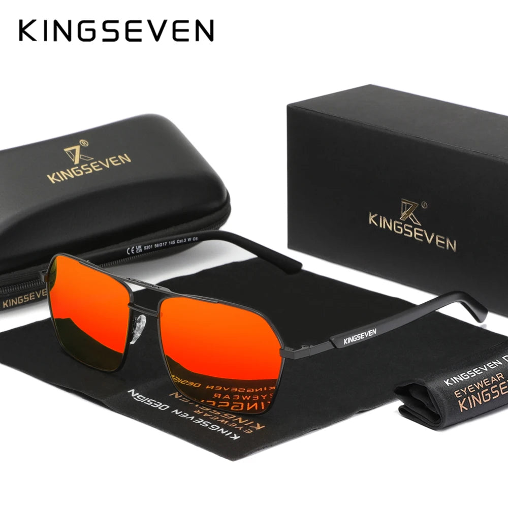 Men's black frame sunglasses with orange mirrored lenses, includes case and box