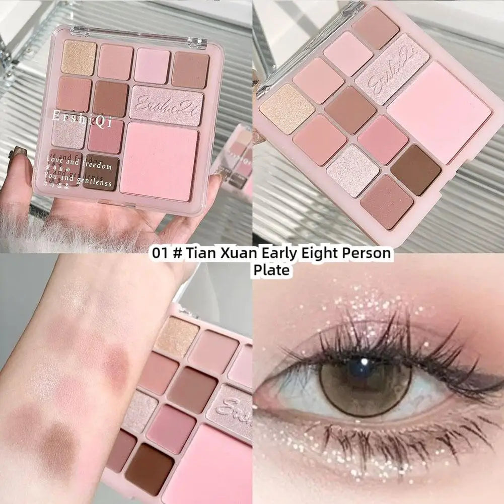 Pink nude eyeshadow palette with matte and shimmer shades, swatches, and applied eye makeup look