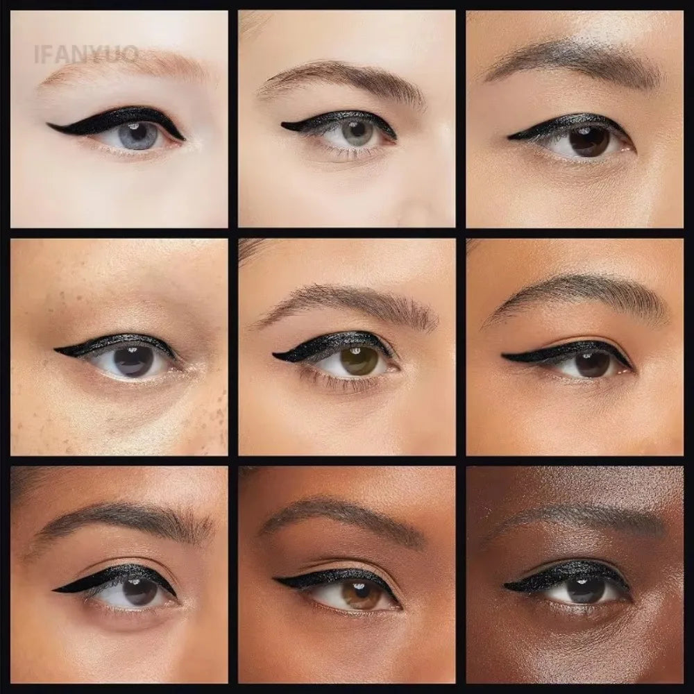 Grid of diverse eyes showing dramatic black winged eyeliner makeup looks.