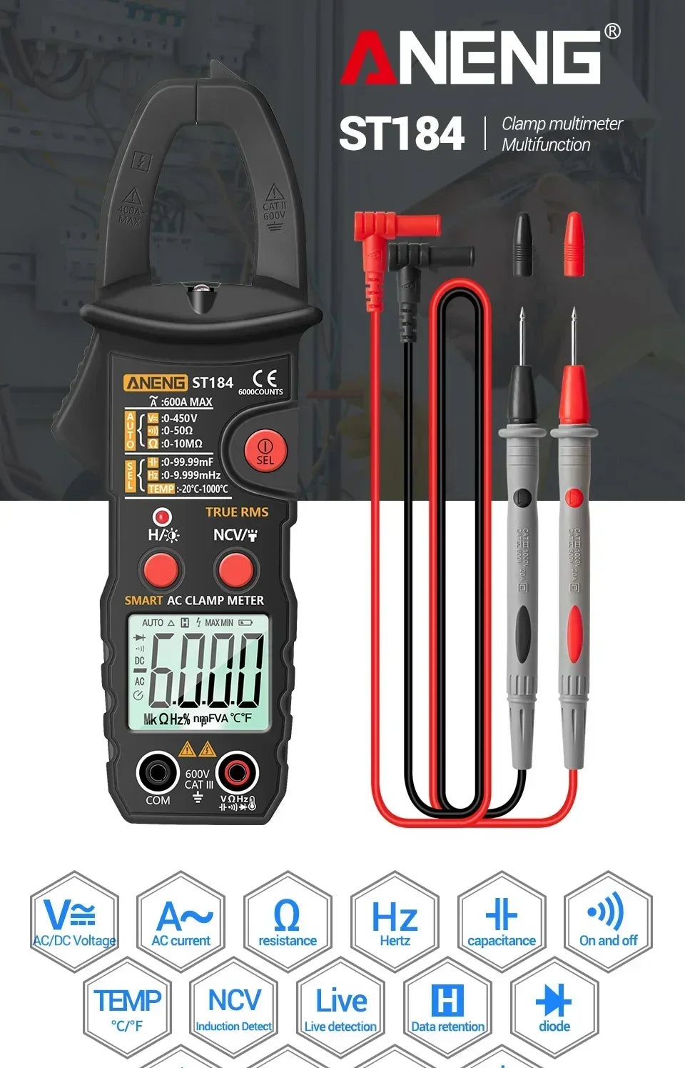 ANENG ST184 Digital Multimeter Clamp Meter True RMS Voltage Current Ohm Test+B15 Induction Tester Pen Electrician Detection Tool