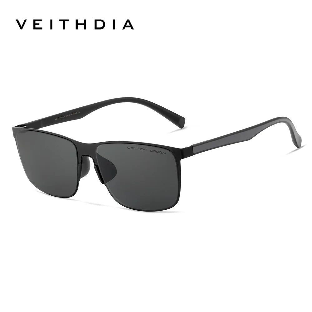 Men's black rectangular sunglasses with dark lenses and minimalist frame on white background.
