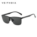 Men's black rectangular sunglasses with dark lenses and minimalist frame on white background.