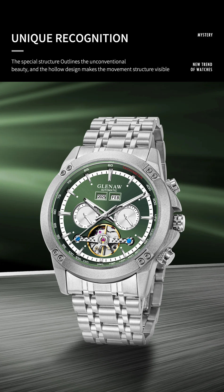 Glenaw high-end brand fully automatic mechanical multi-function watch men's business personality trend waterproof watch