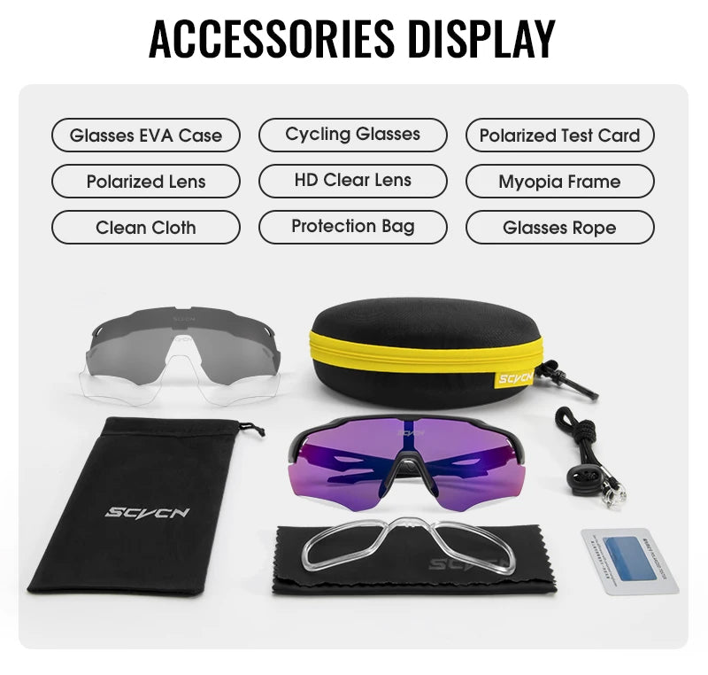 Cycling glasses set with purple lenses, extra lenses, EVA case, cleaning cloth, frame, rope, and accessories.